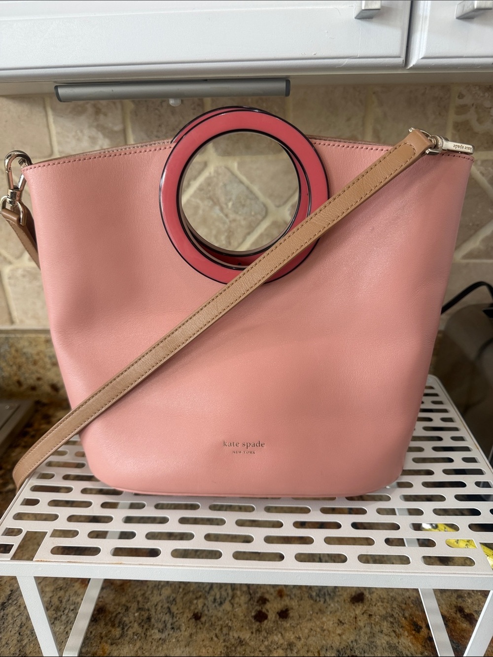 kate spade Colorblock Pink/tan Leather Shoulder Bag with Circular Handle